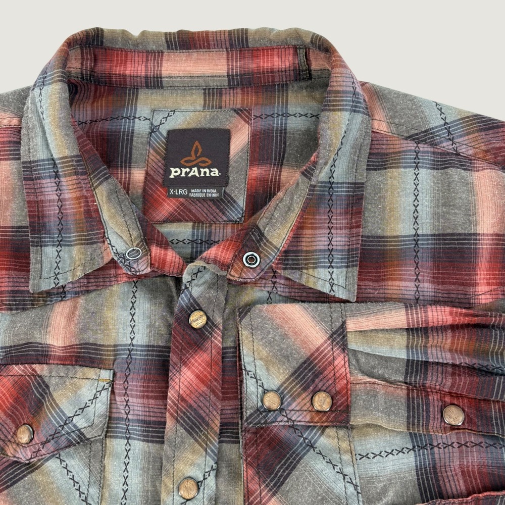 Prana Plaid Wood Snap Front Shirt Mens XL Red Grey Western Organic Cotton Blend